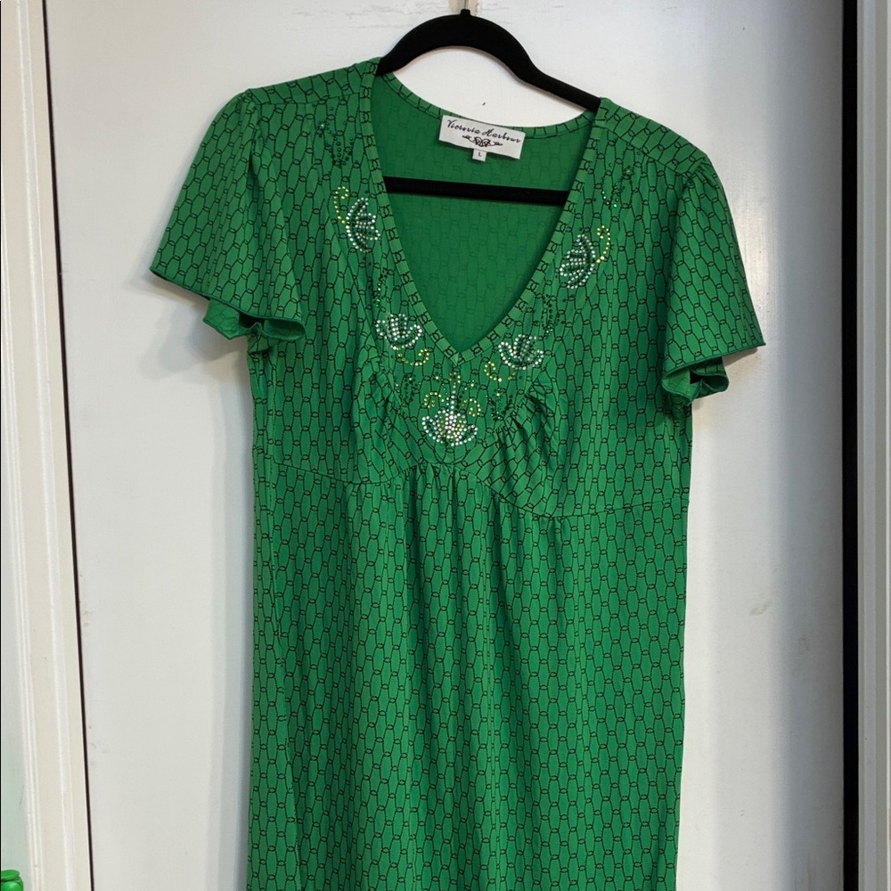 NWOT Green V-Neck Embellished Dress